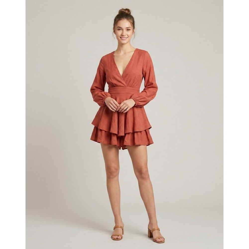 HYFVE Romper Small Rust Orange Long Sleeve V-Neck Tiered Ruffle